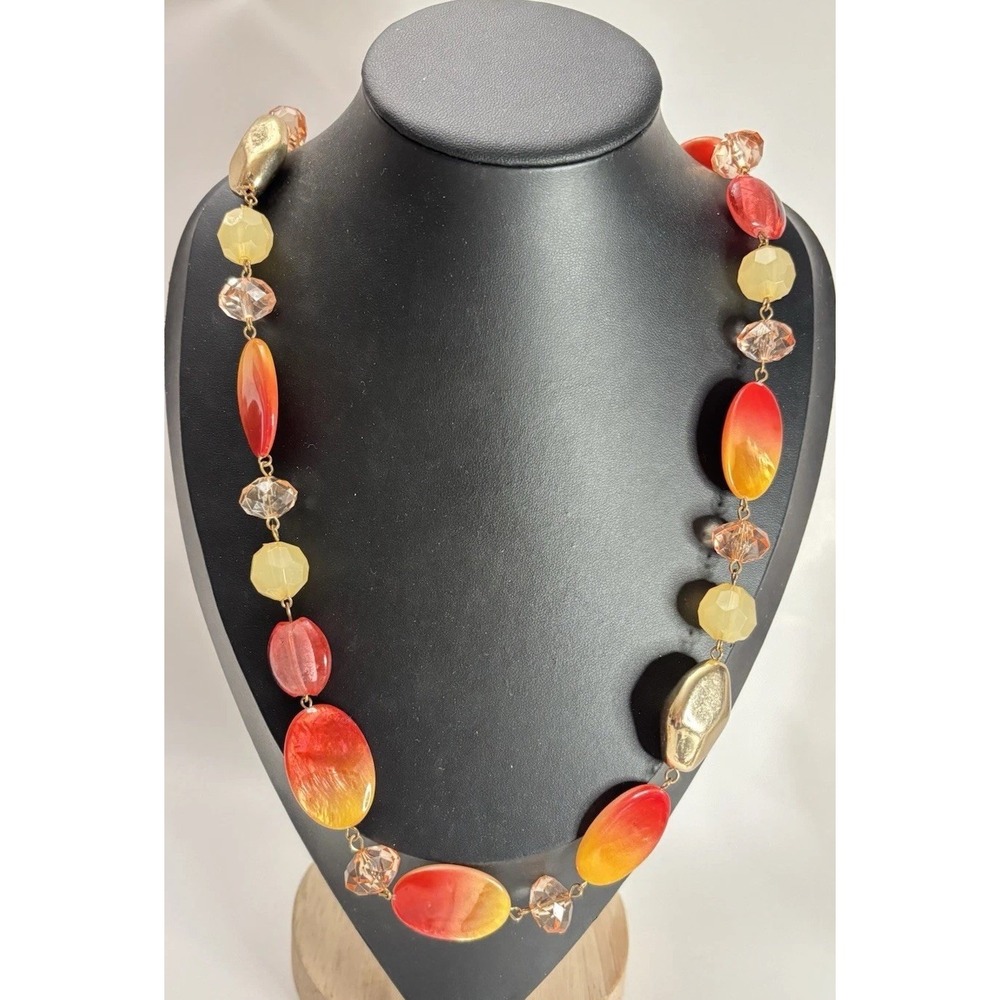 Acrylic Bead Necklace 36" Long Ombre Red Orange Yellow Gold Tone Statement